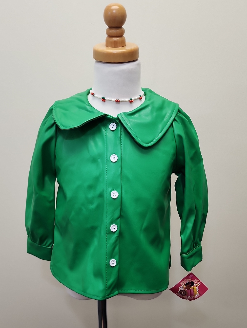 Girls Green Faux Leather Peter Pan Collar Jacket Size 4/5